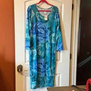 Ashley Stewart Teal Floral Long Sleeve Maxi Dress
